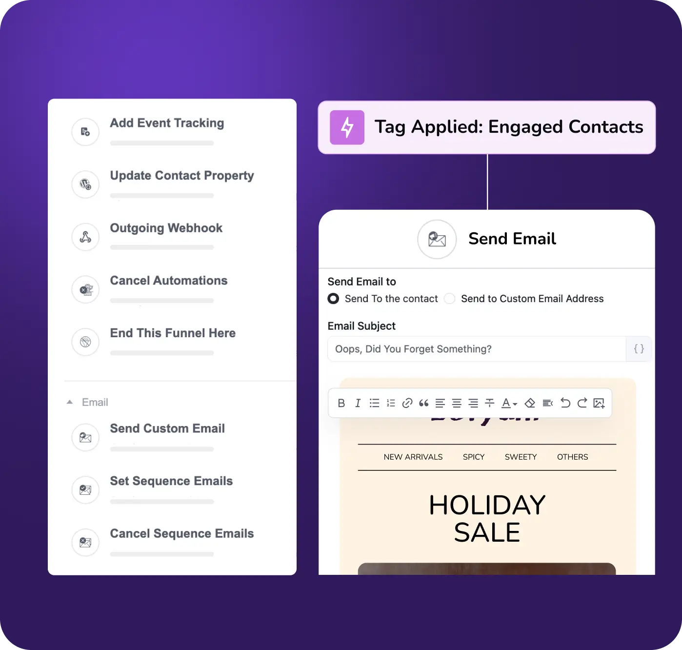 Email automation workflow for engaged contacts with holiday sale.