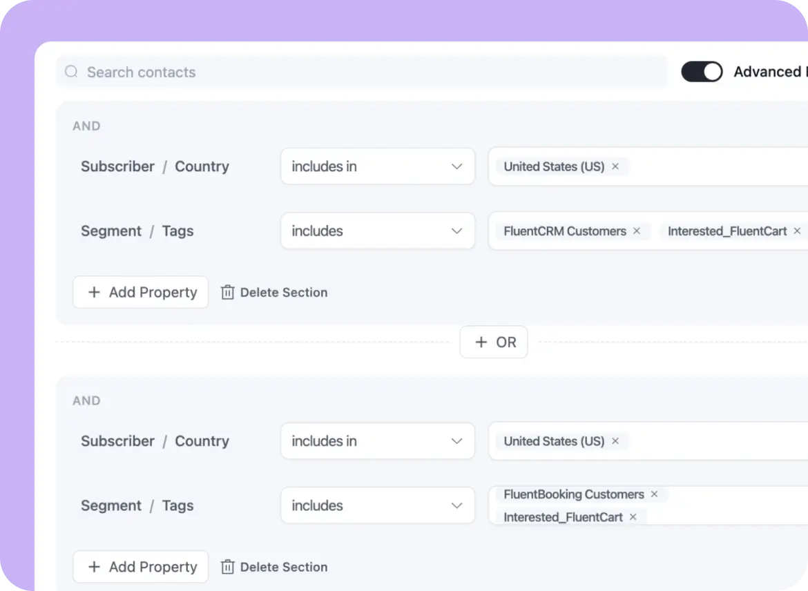 Advanced contact filtering interface with conditional logic and tags.