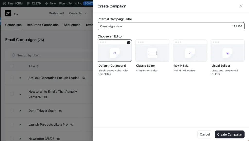 FluentCRM create campaign modal, selecting email editor options.