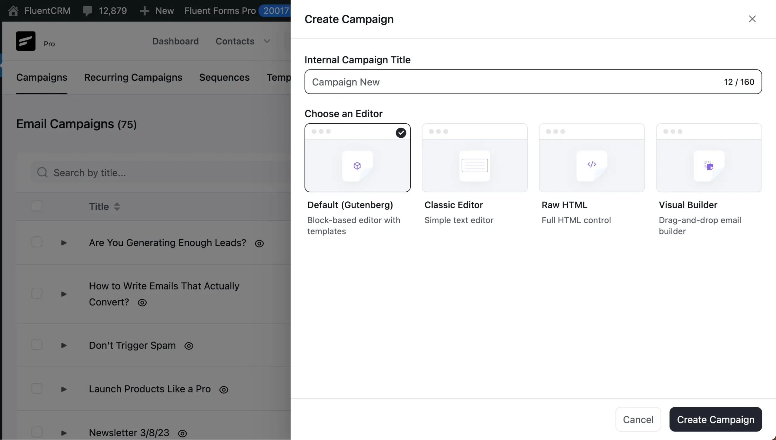 FluentCRM create campaign modal, selecting email editor options.