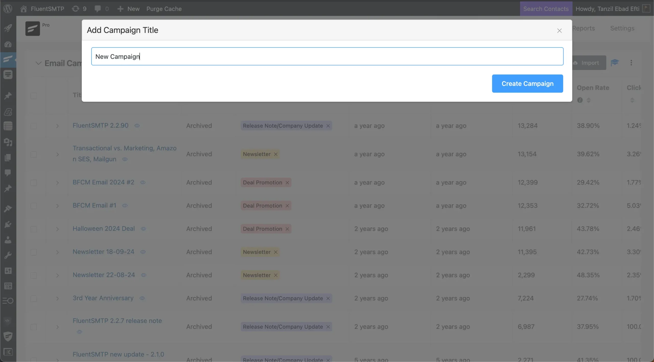 Adding new campaign title in email marketing software interface.