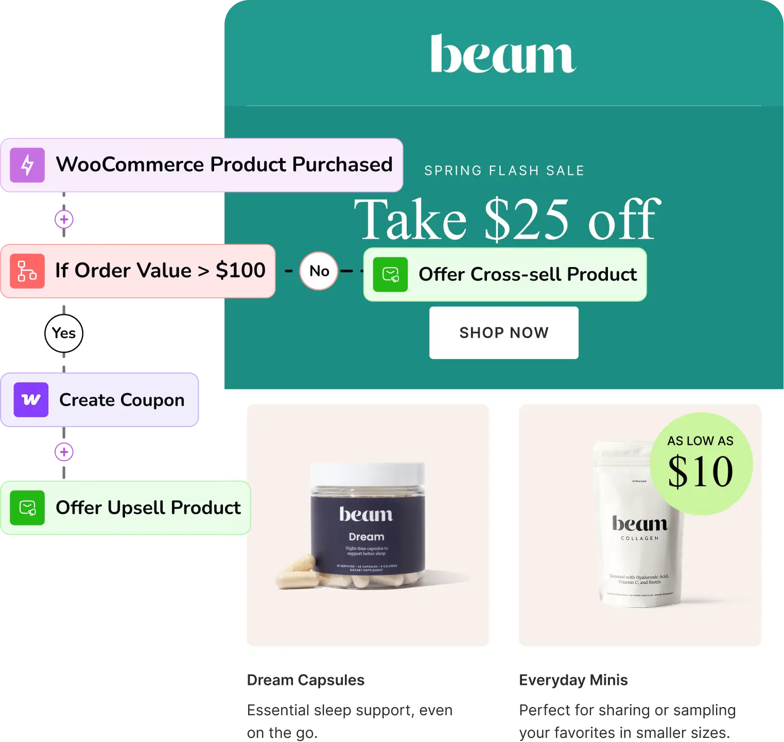 Marketing automation workflow for a beam spring flash sale.