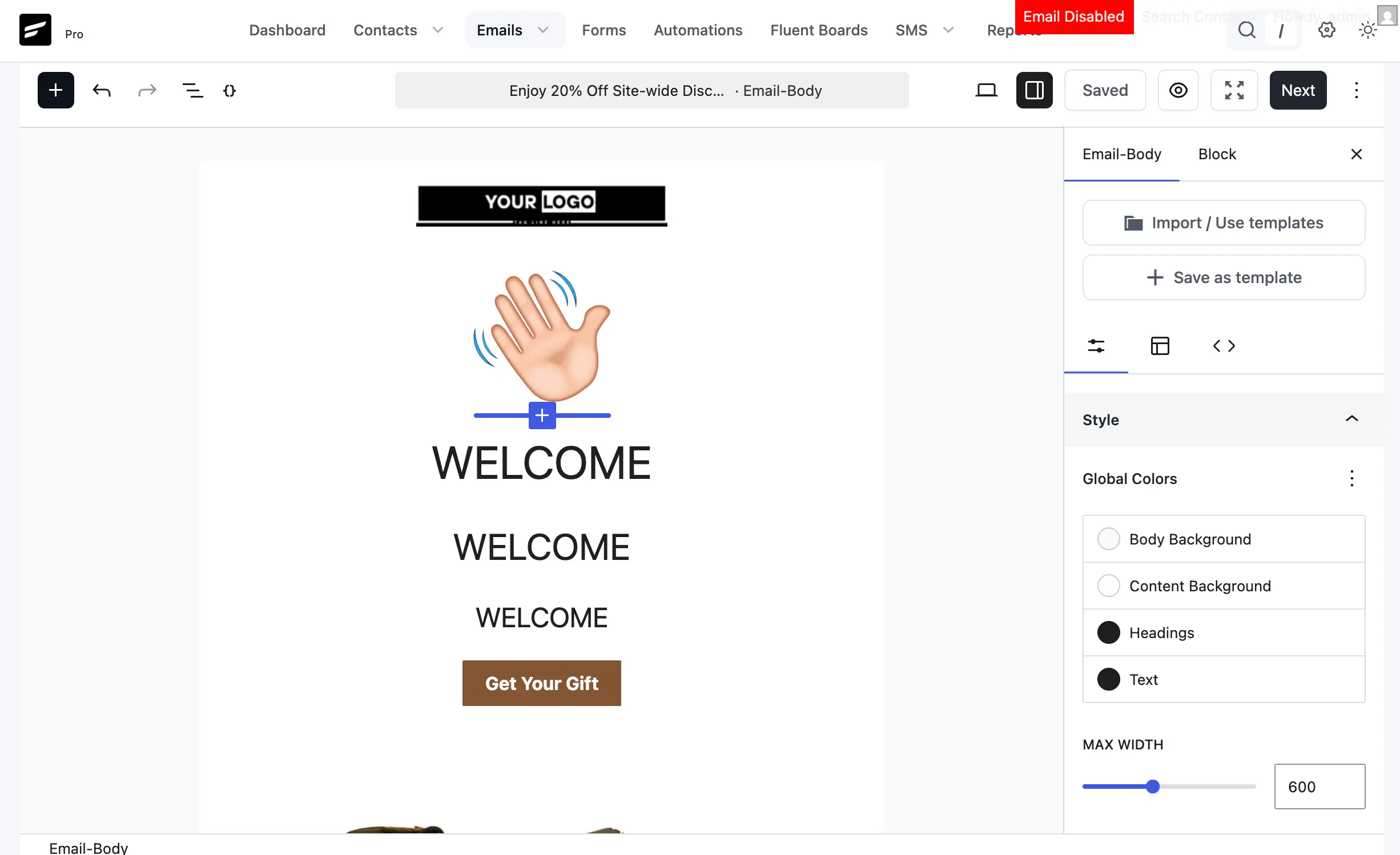 Email marketing software interface showing a welcome email design template.