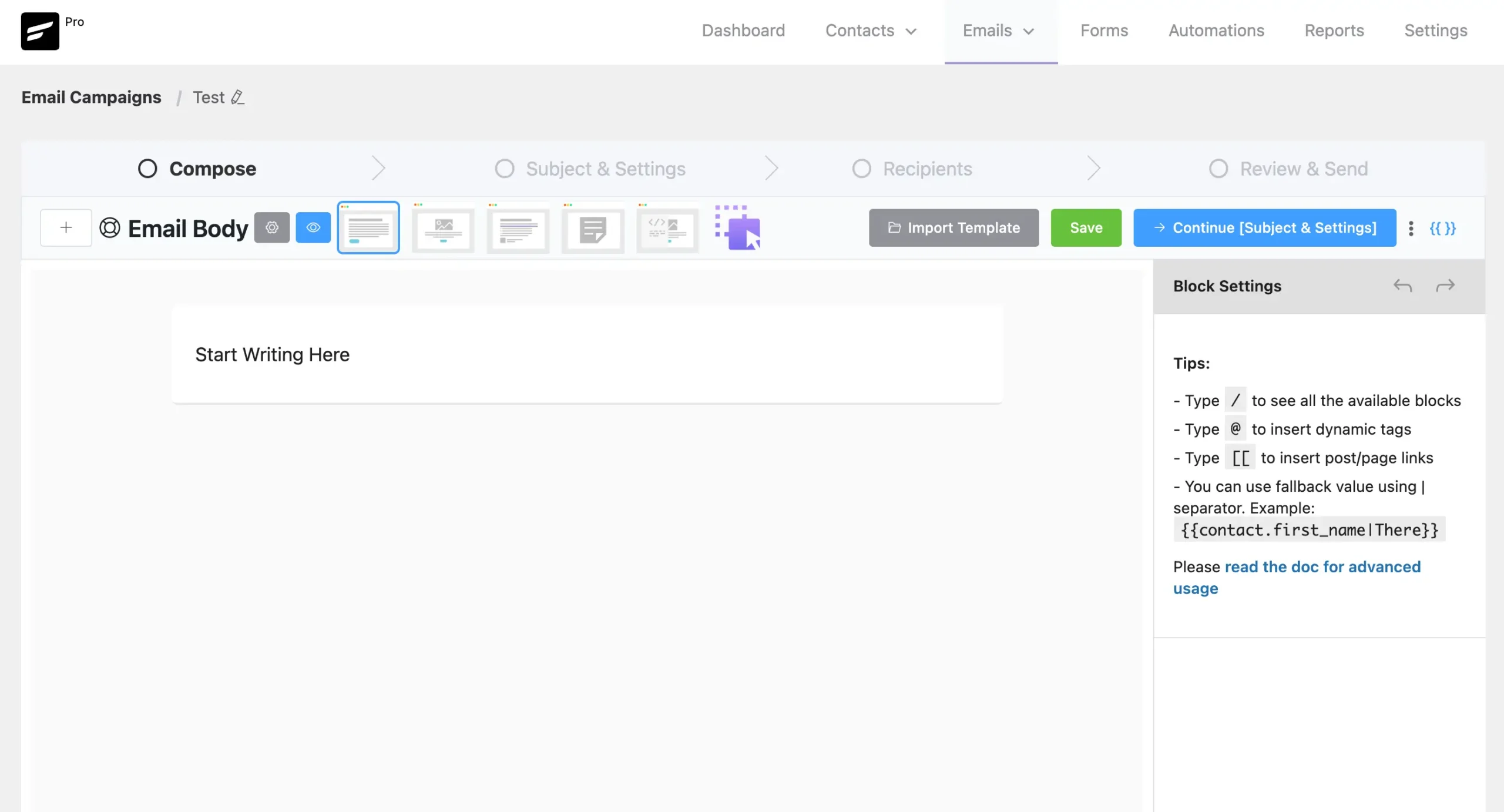 Email campaign editor interface with Compose step highlighted.