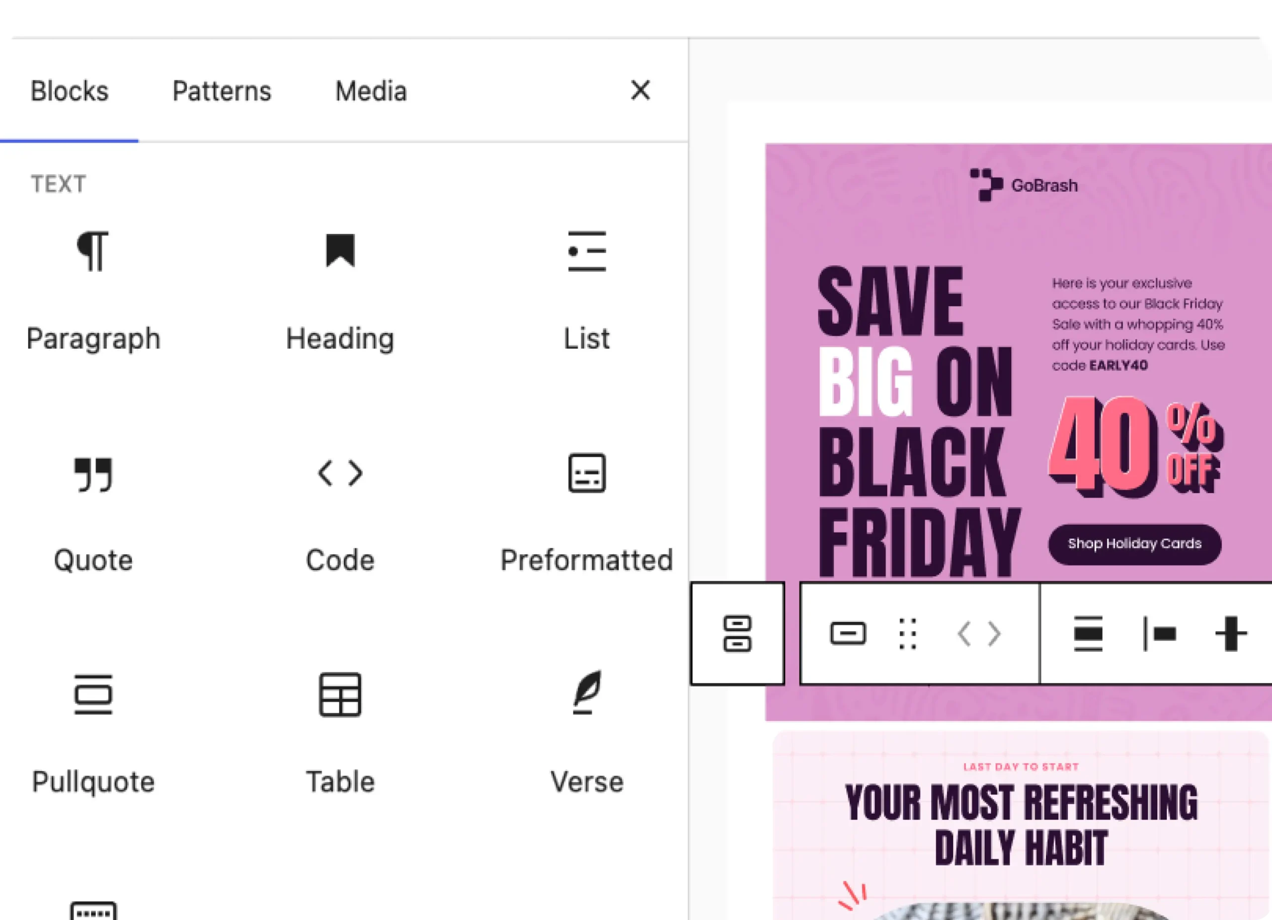 CMS interface with block menu and Black Friday design preview.