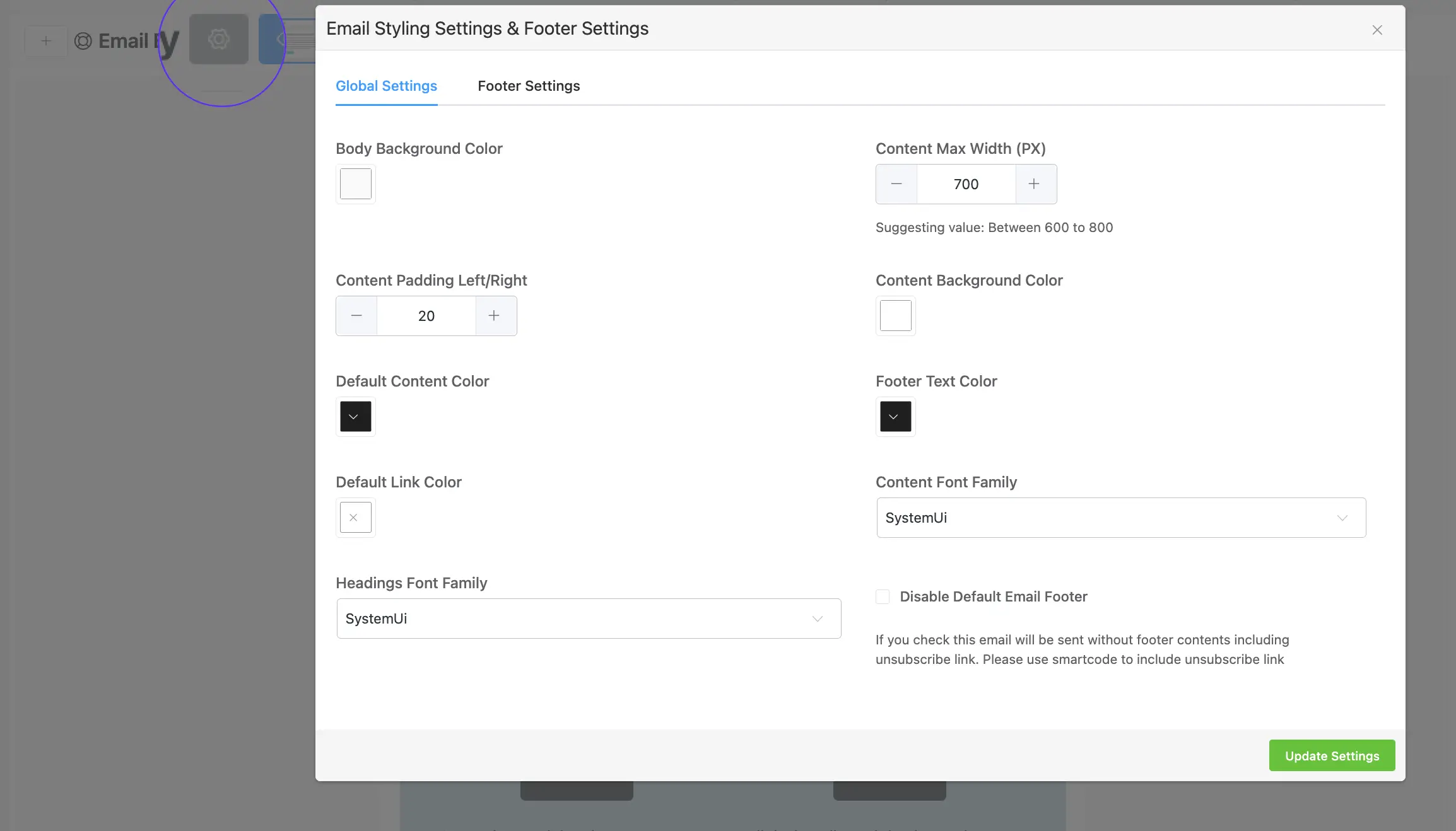 Email Styling Settings and Footer Settings modal window interface.