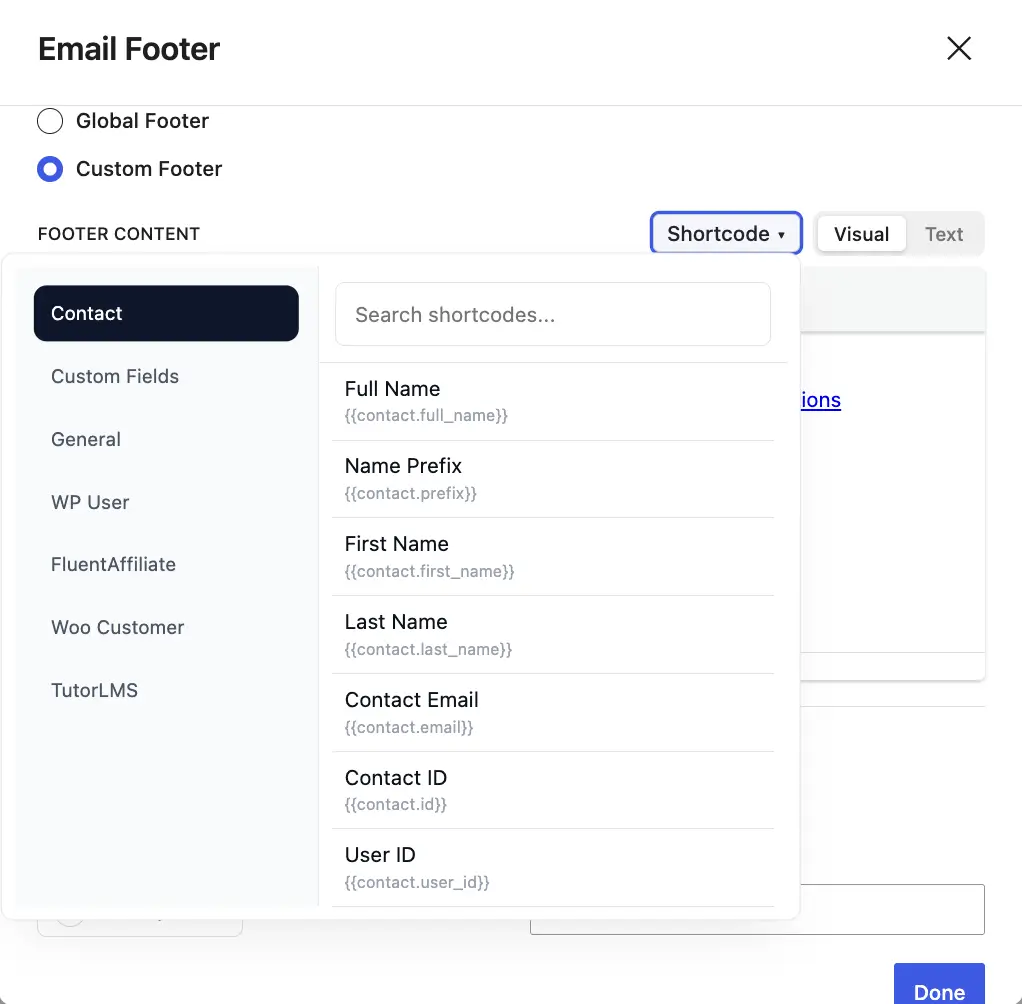 Email footer interface showing a list of contact shortcodes.