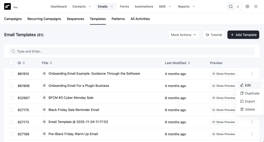 Email template management software interface with edit menu open.