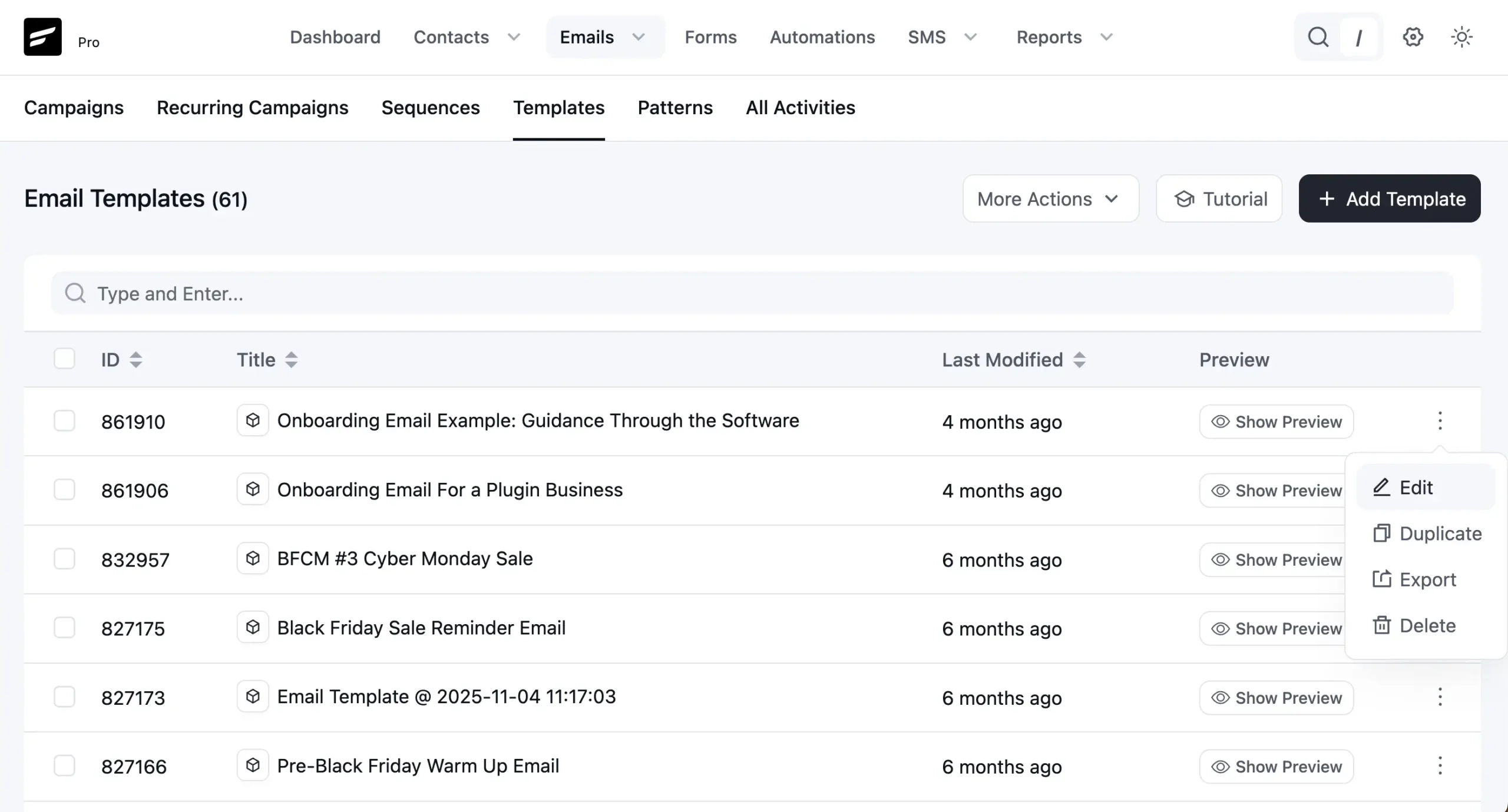 Email template management software interface with edit menu open.