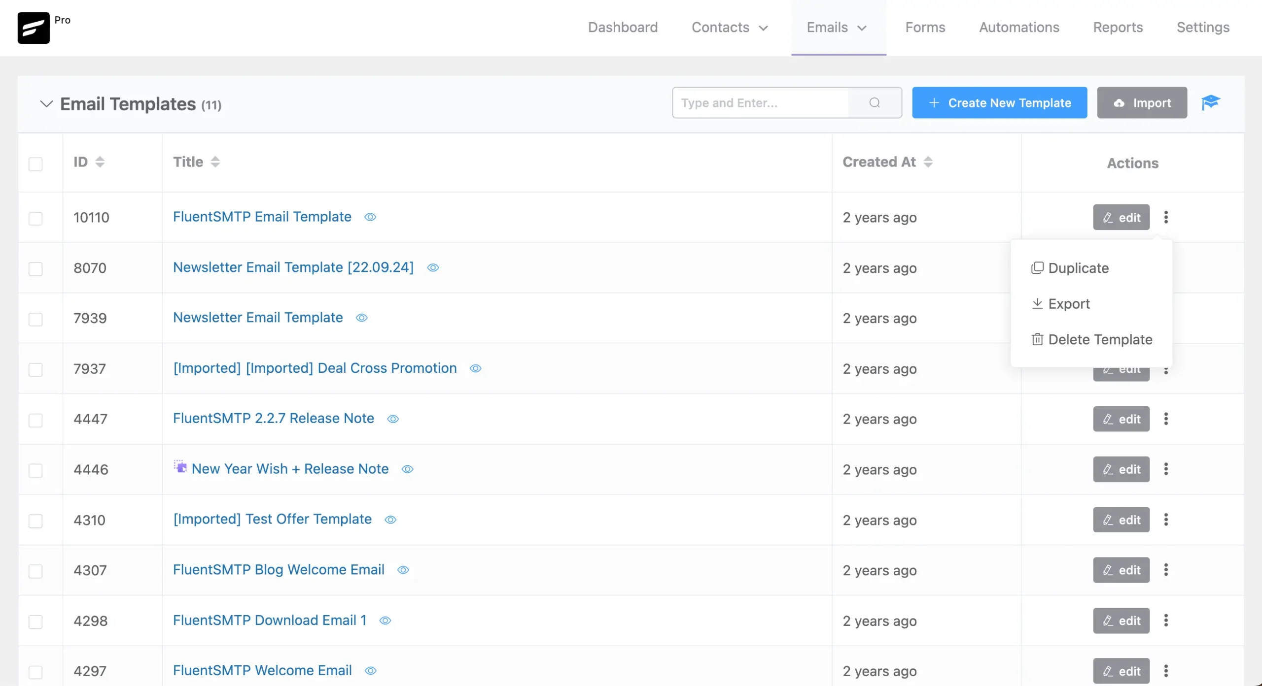 Email templates list in a web app with action menu open.