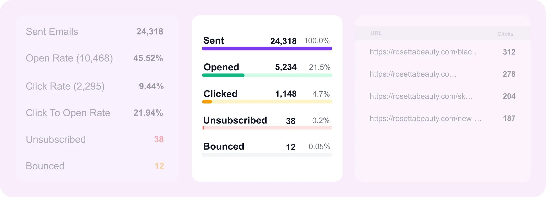 Email marketing analytics dashboard showing sent, open, and click rates.
