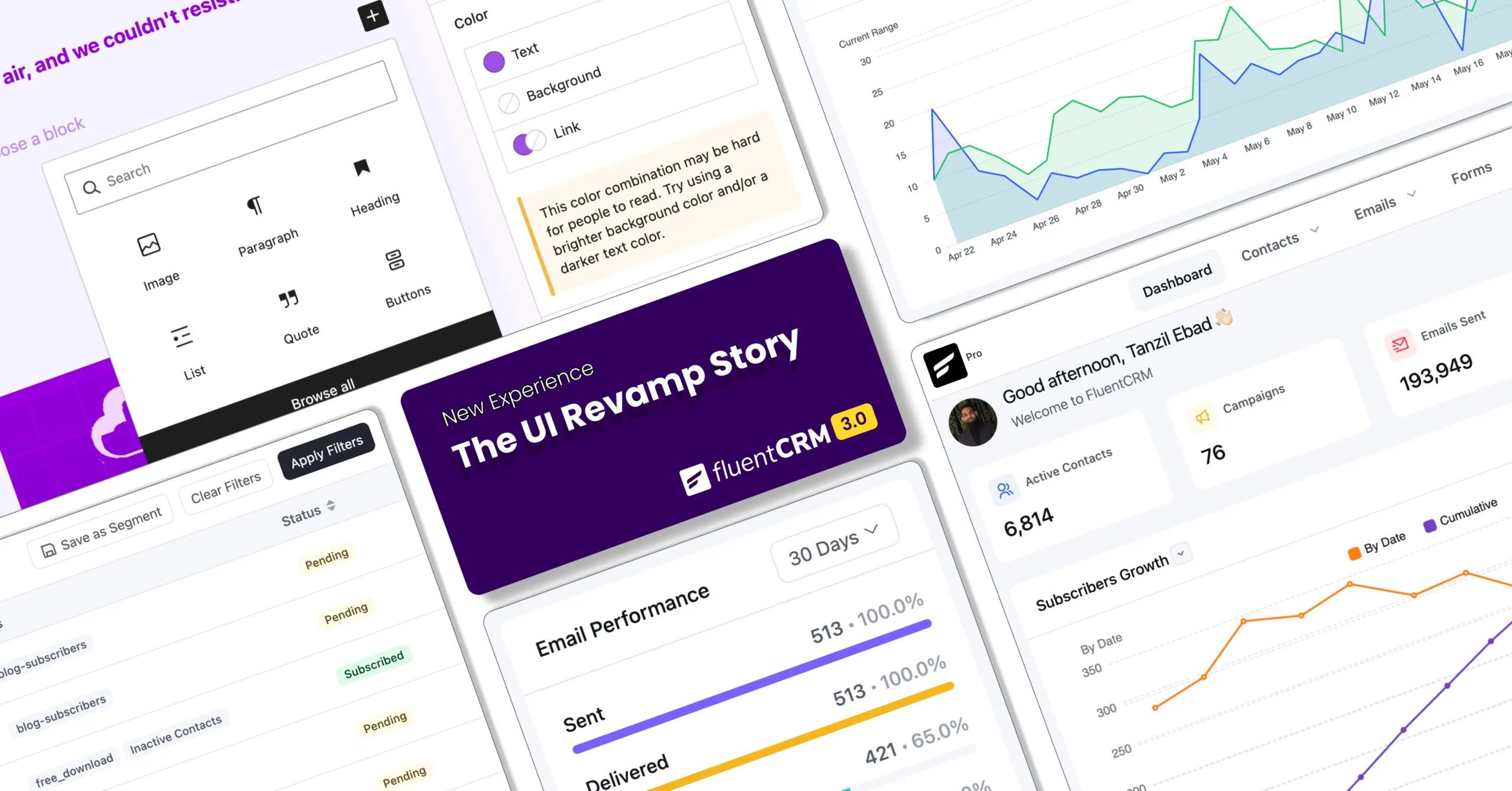 Collage of FluentCRM 3.0 user interface components and dashboards.