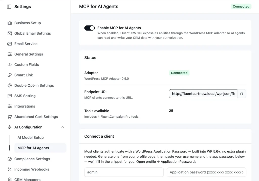 Settings interface for MCP for AI Agents in FluentCRM.