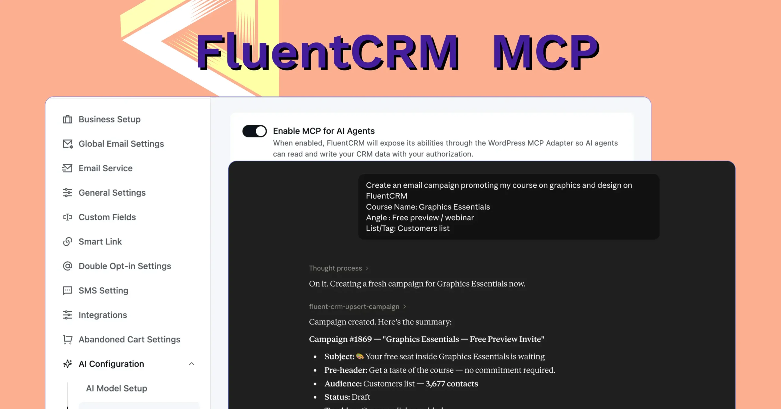 FluentCRM dashboard interface demonstrating AI-powered email campaign generation.