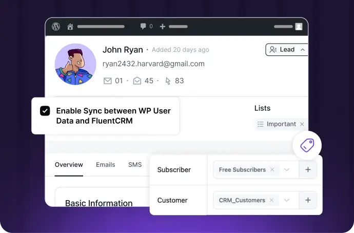 Dashboard showing WordPress user data sync with FluentCRM