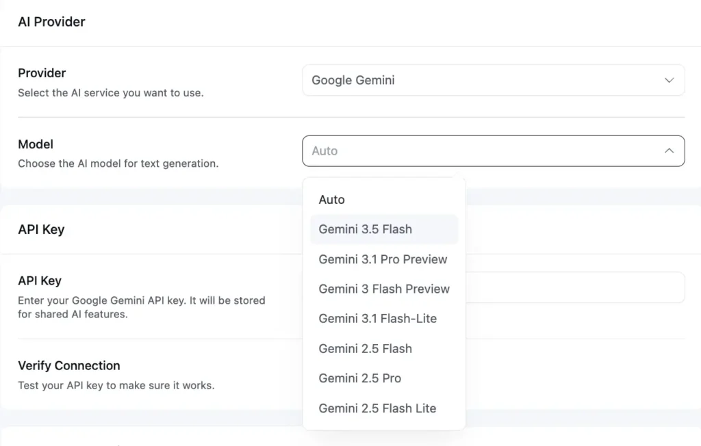 AI provider settings menu showing Google Gemini model selection dropdown.