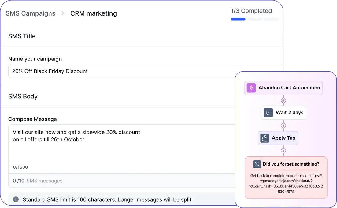 SMS campaign and abandoned cart CRM marketing automation interface.