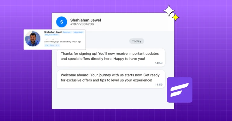 Messaging interface showing customer signup confirmation and welcome messages.