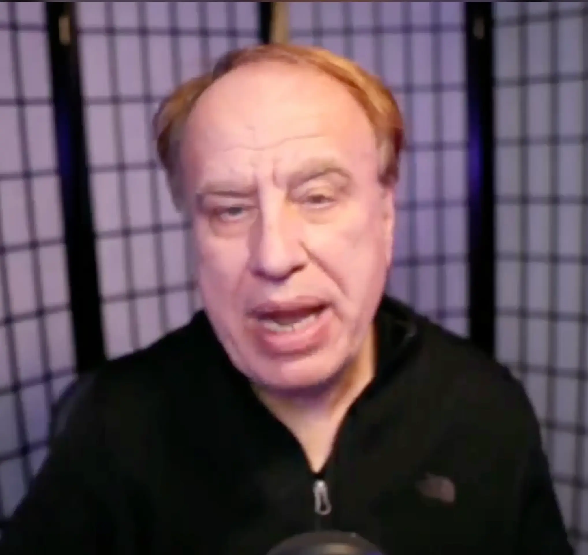 A middle-aged man speaking in front of a grid background.