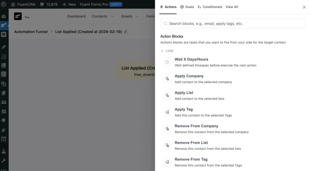 FluentCRM automation funnel interface displaying action blocks.