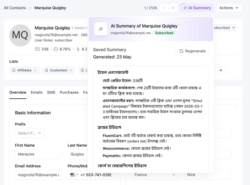 A contact management dashboard with an AI summary popup.