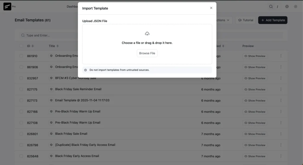 Software interface showing JSON file upload for email templates.