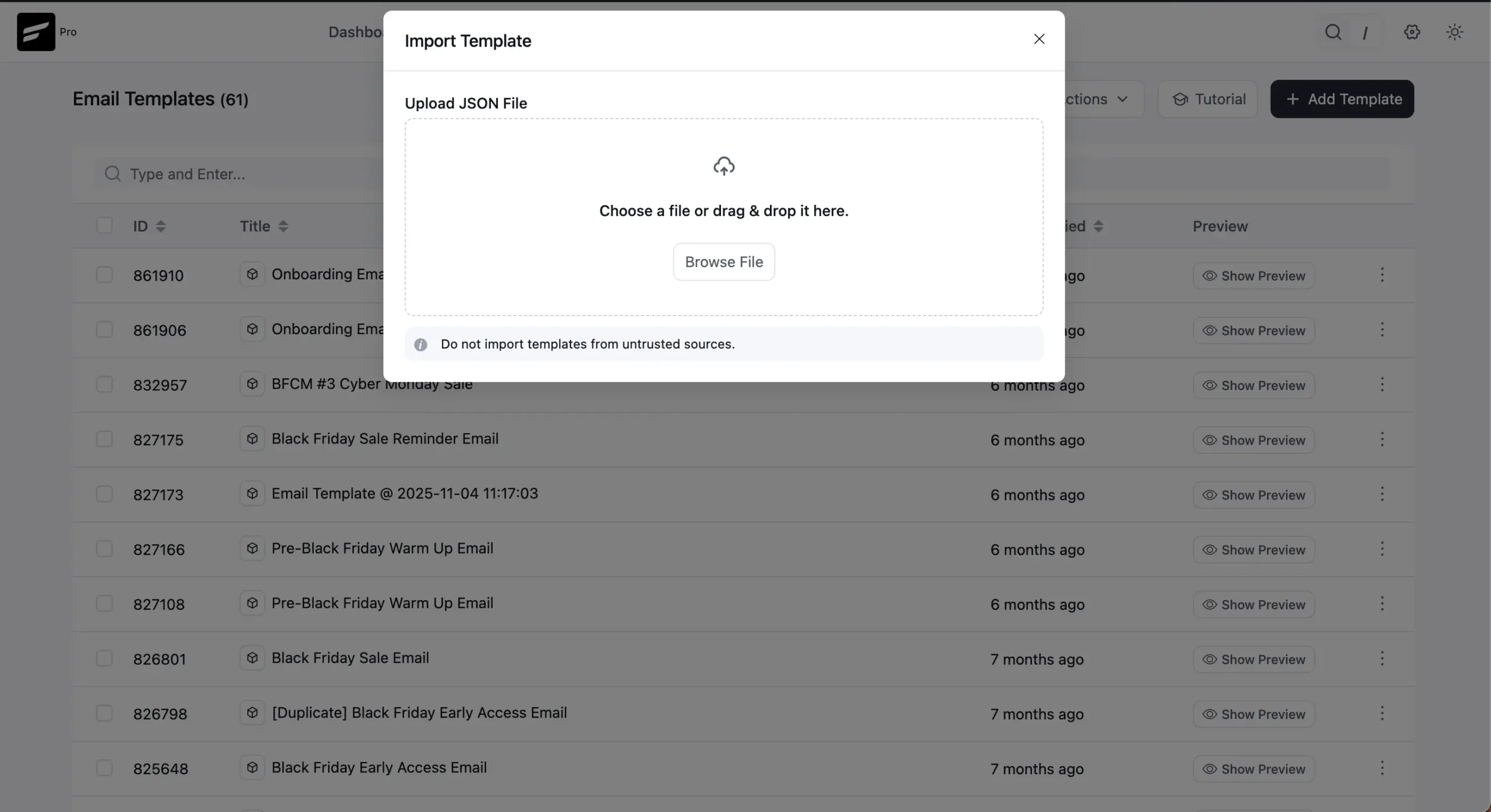 Software interface showing JSON file upload for email templates.