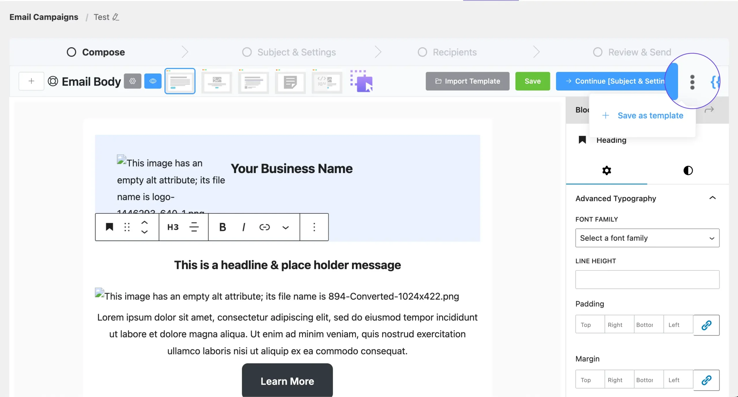 User interface of a digital email campaign builder tool.