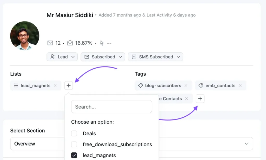 organize contats in fluentcrm manually add tags, lists