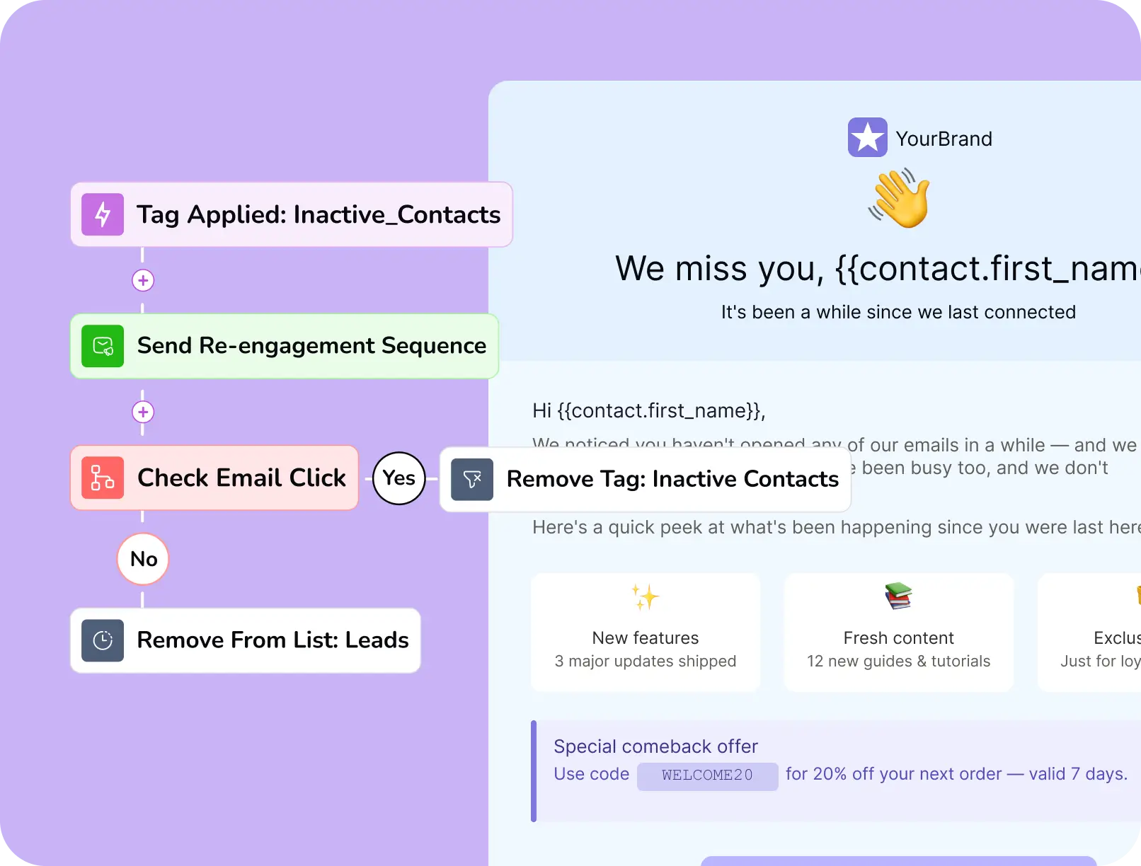 Email automation flow for re-engaging inactive contacts with email preview.