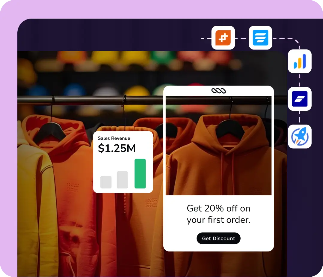 Digital overlay of sales data and discounts over store hoodies.