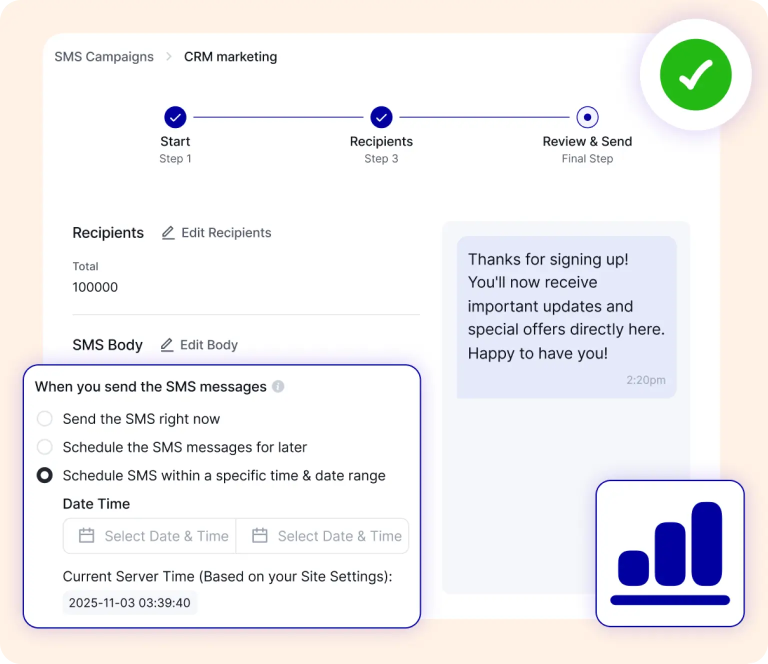 Interface for scheduling and reviewing an SMS marketing campaign.