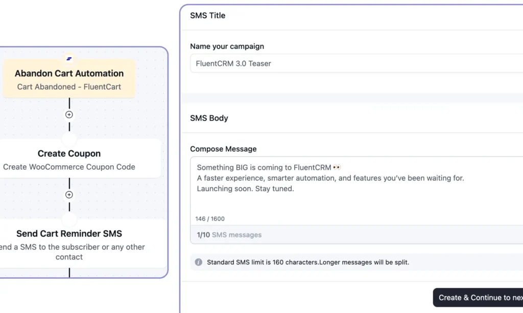 FluentCRM automation configuring abandon cart SMS reminder and coupon.