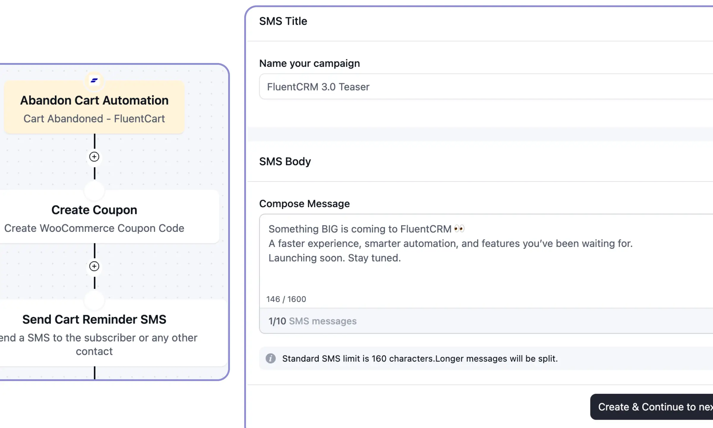 FluentCRM automation configuring abandon cart SMS reminder and coupon.