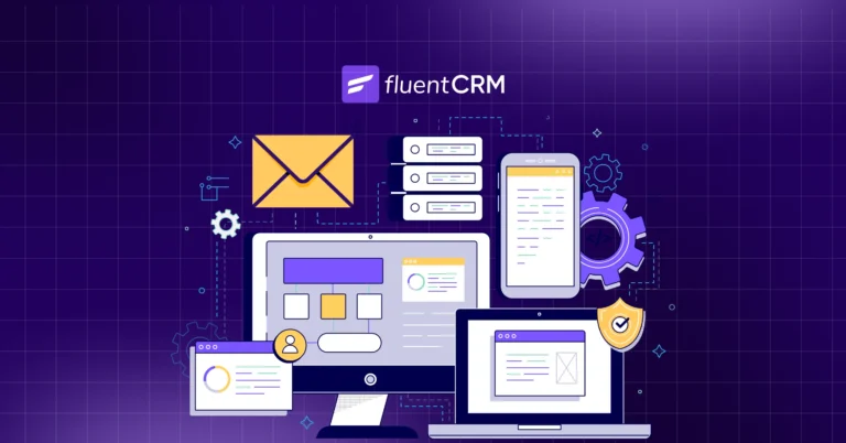 FluentCRM software illustration with digital devices and marketing icons.