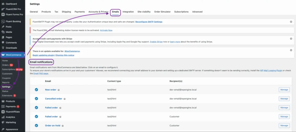 WooCommerce email notifications settings 