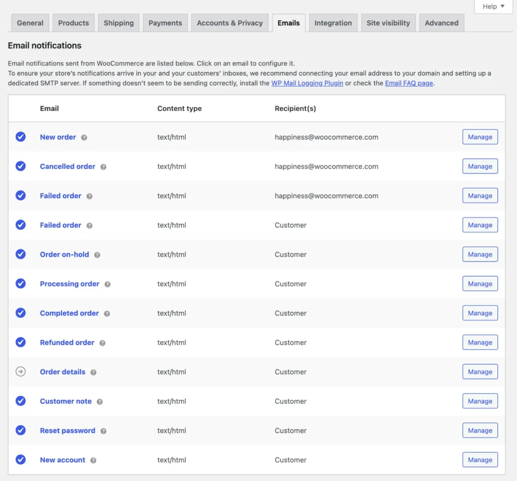 WooCommerce email settings 