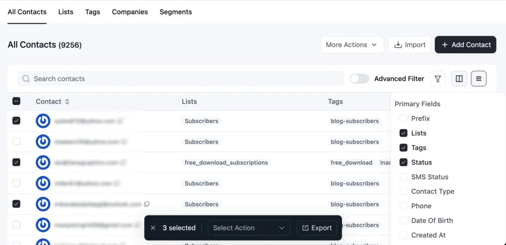 CRM contact management dashboard with filtering and selection options.