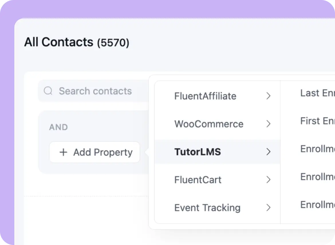 Software interface showing contact management and integration dropdown menu.
