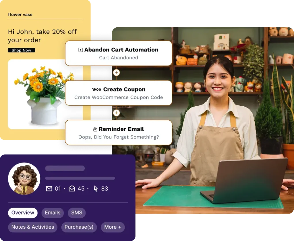 Smiling woman with e-commerce marketing automation platform dashboard.