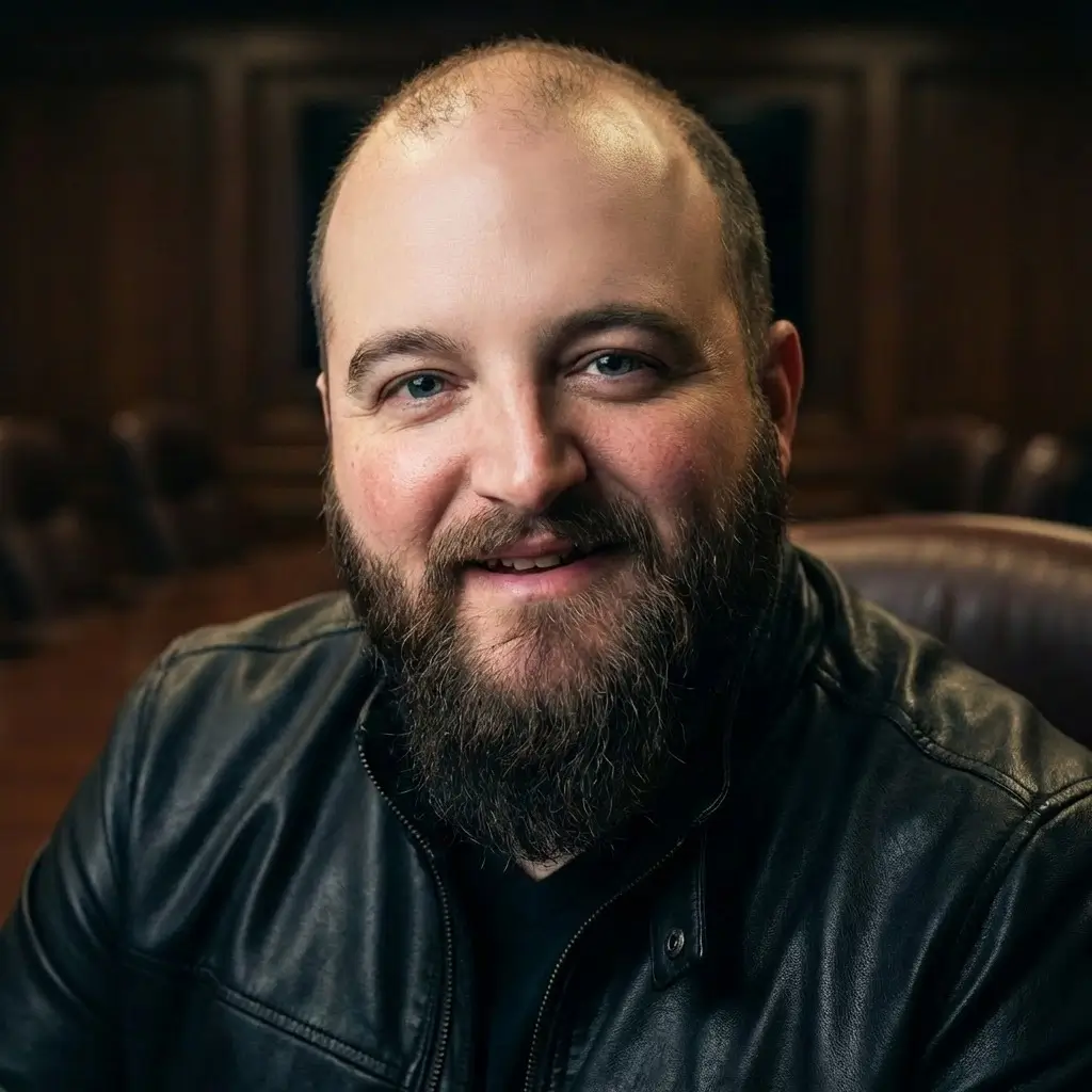 Smiling man with a beard wearing a black leather jacket.