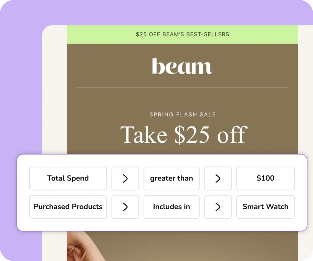 Beam marketing email mockup with conditional logic overlay.