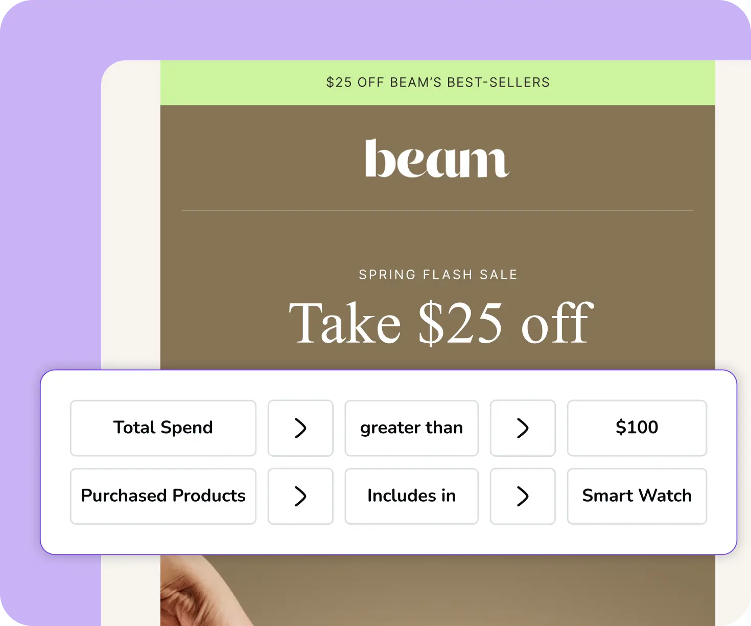 Beam marketing email mockup with conditional logic overlay.