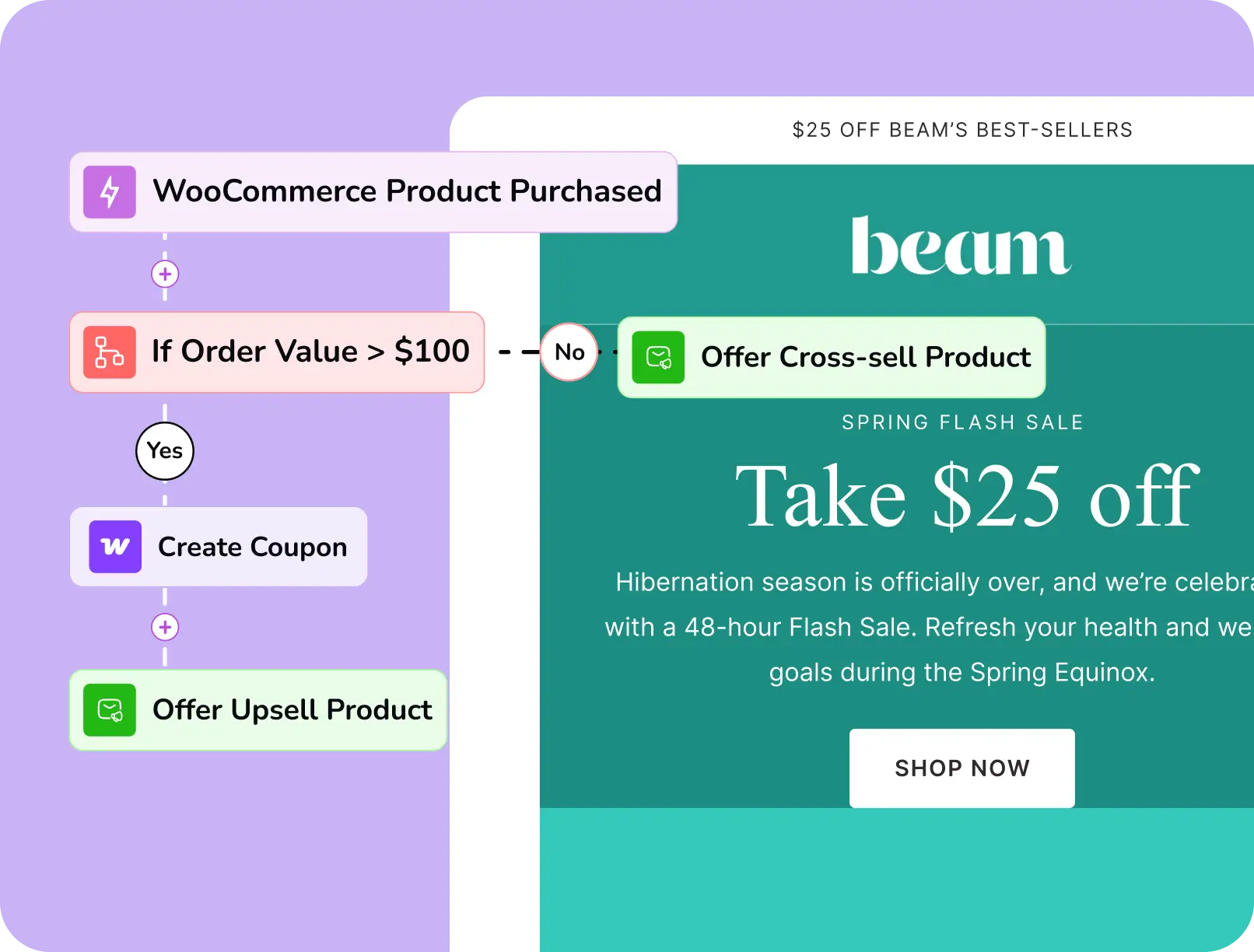 E-commerce automation workflow showing upsell, cross-sell, and coupon offers.