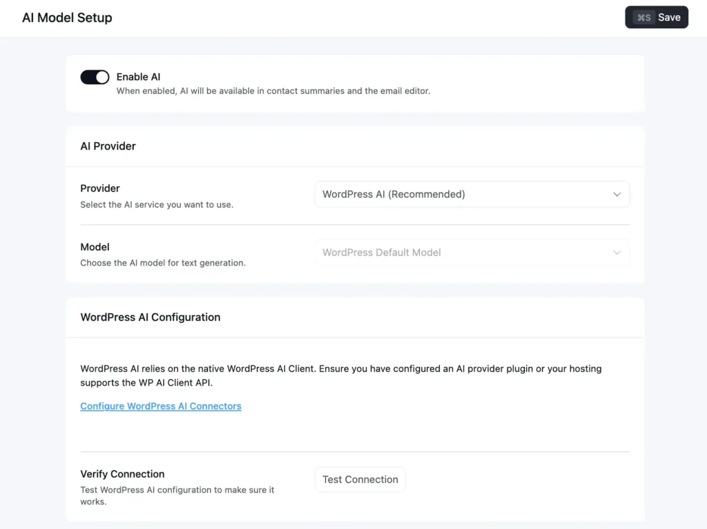 Screenshot of an AI Model Setup configuration interface.