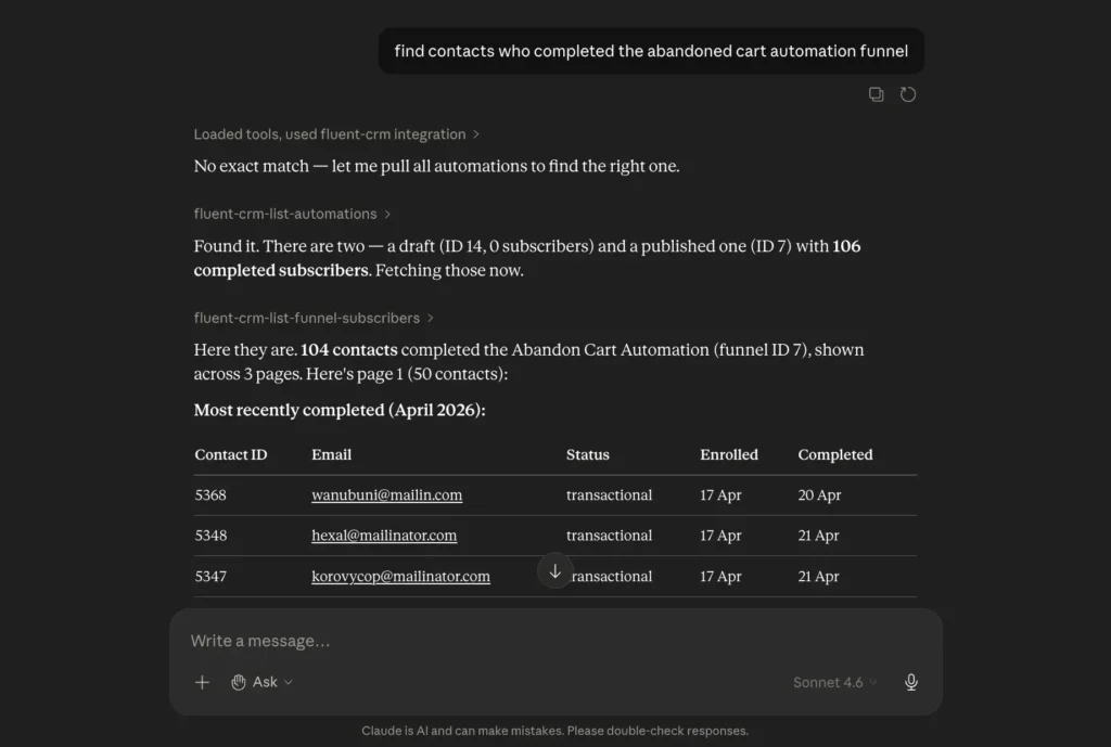 Chatbot interface showing contact data from a CRM integration.