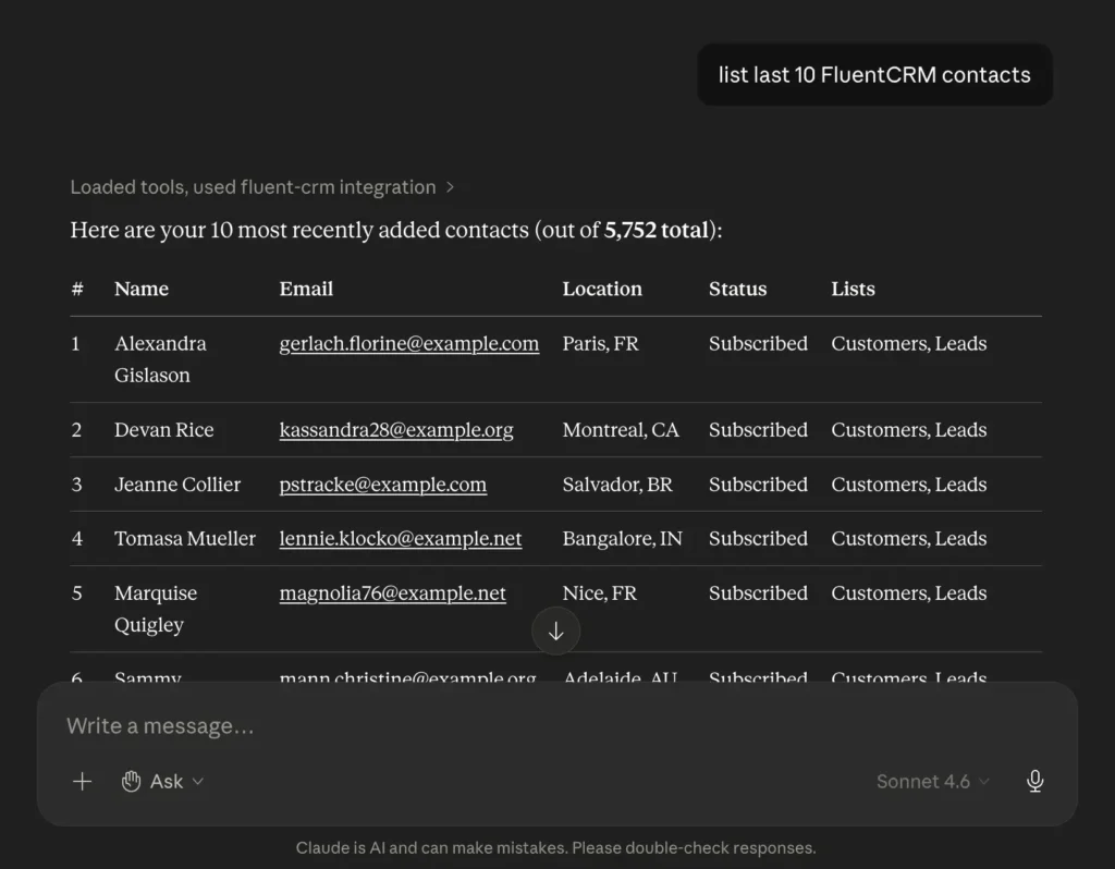 AI chat interface displaying a table of CRM contacts.