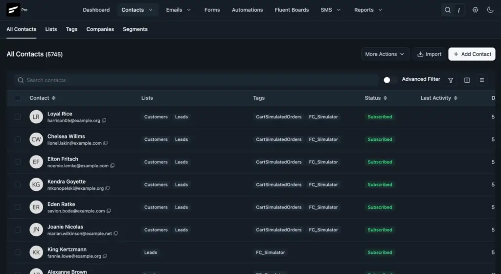 Dark mode CRM dashboard displaying contact list with details.