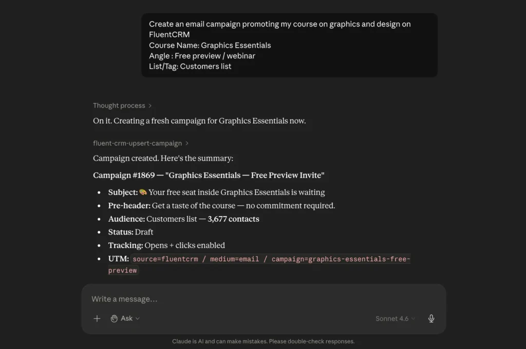 AI chatbot interface showing a created email campaign summary.