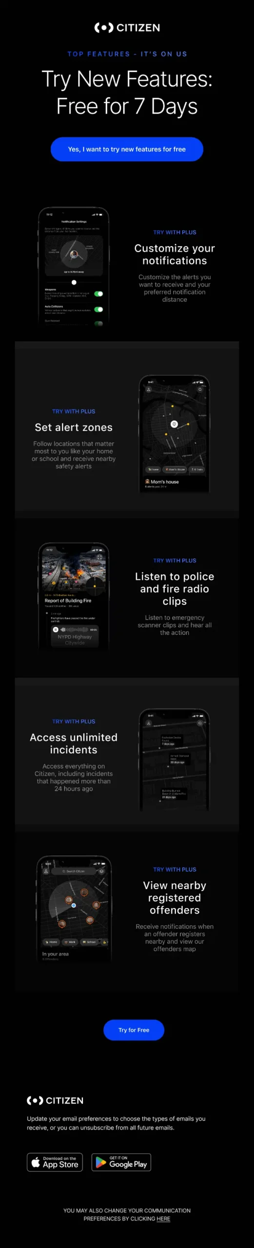 Citizen app features promotion with a free trial offer.